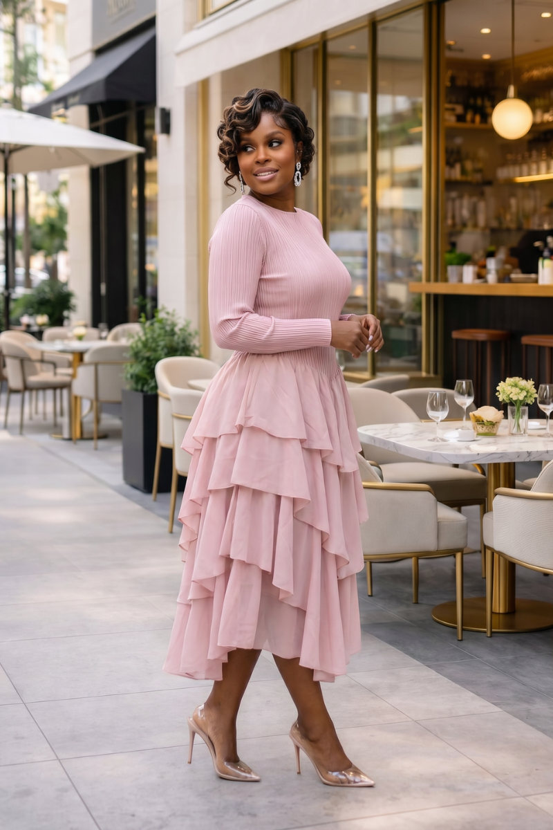 SOFT POWER TIERED MIDI DRESS