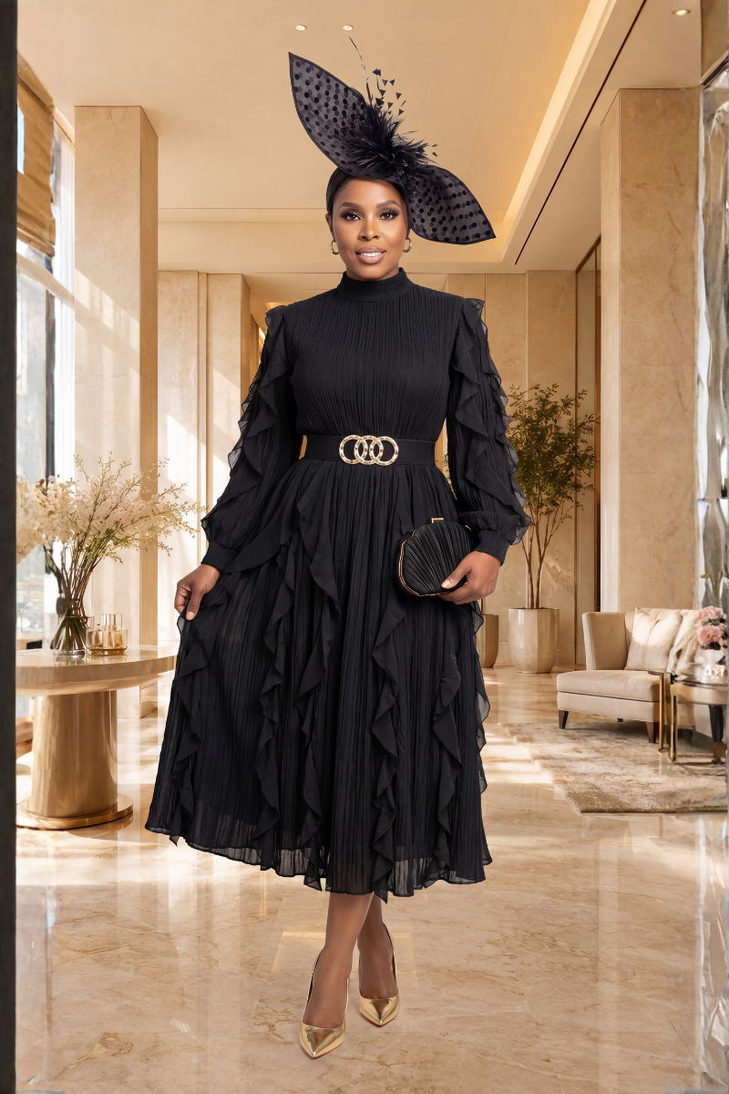 A RUFFLE MIDI DRESS/BLACK