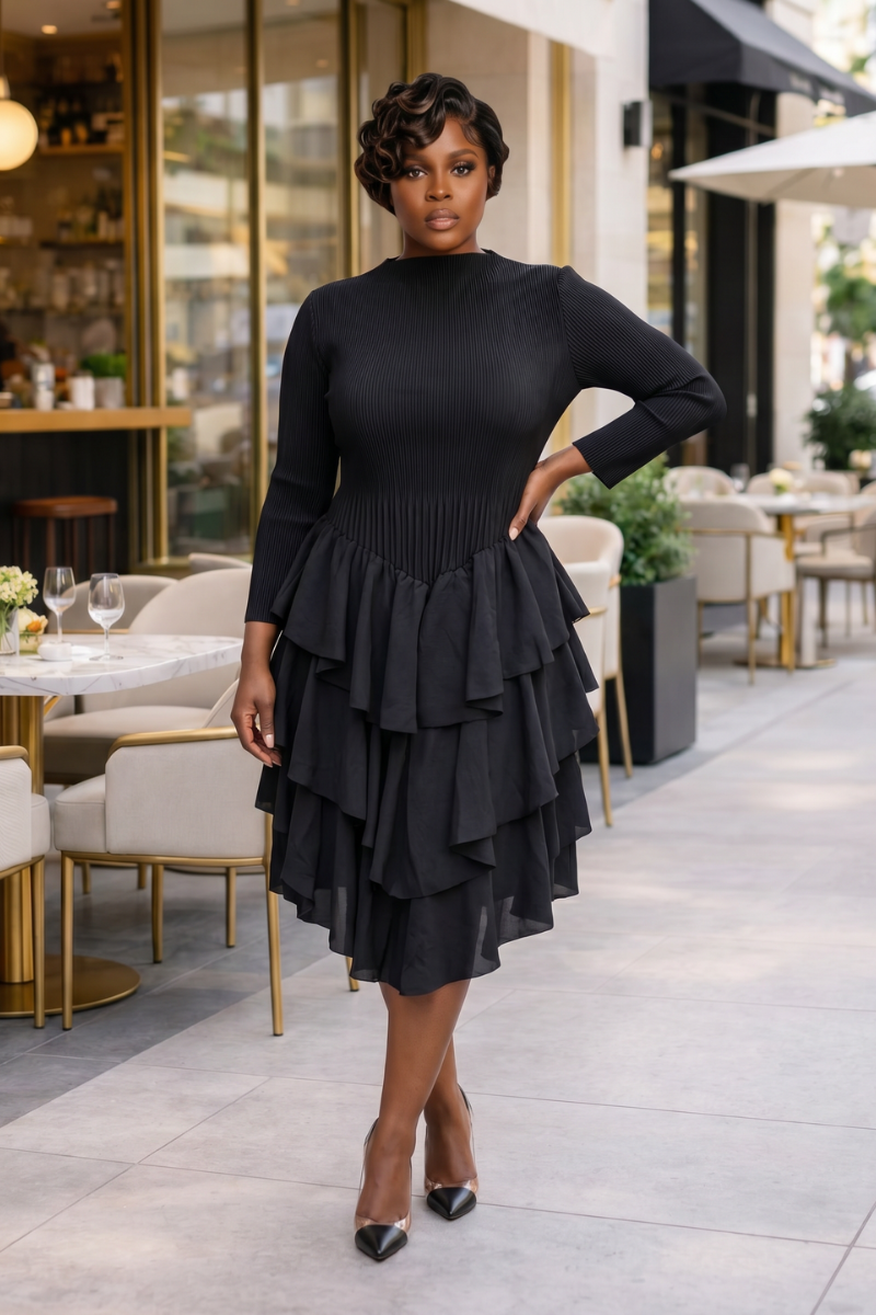 SOFT POWER TIERED MIDI DRESS