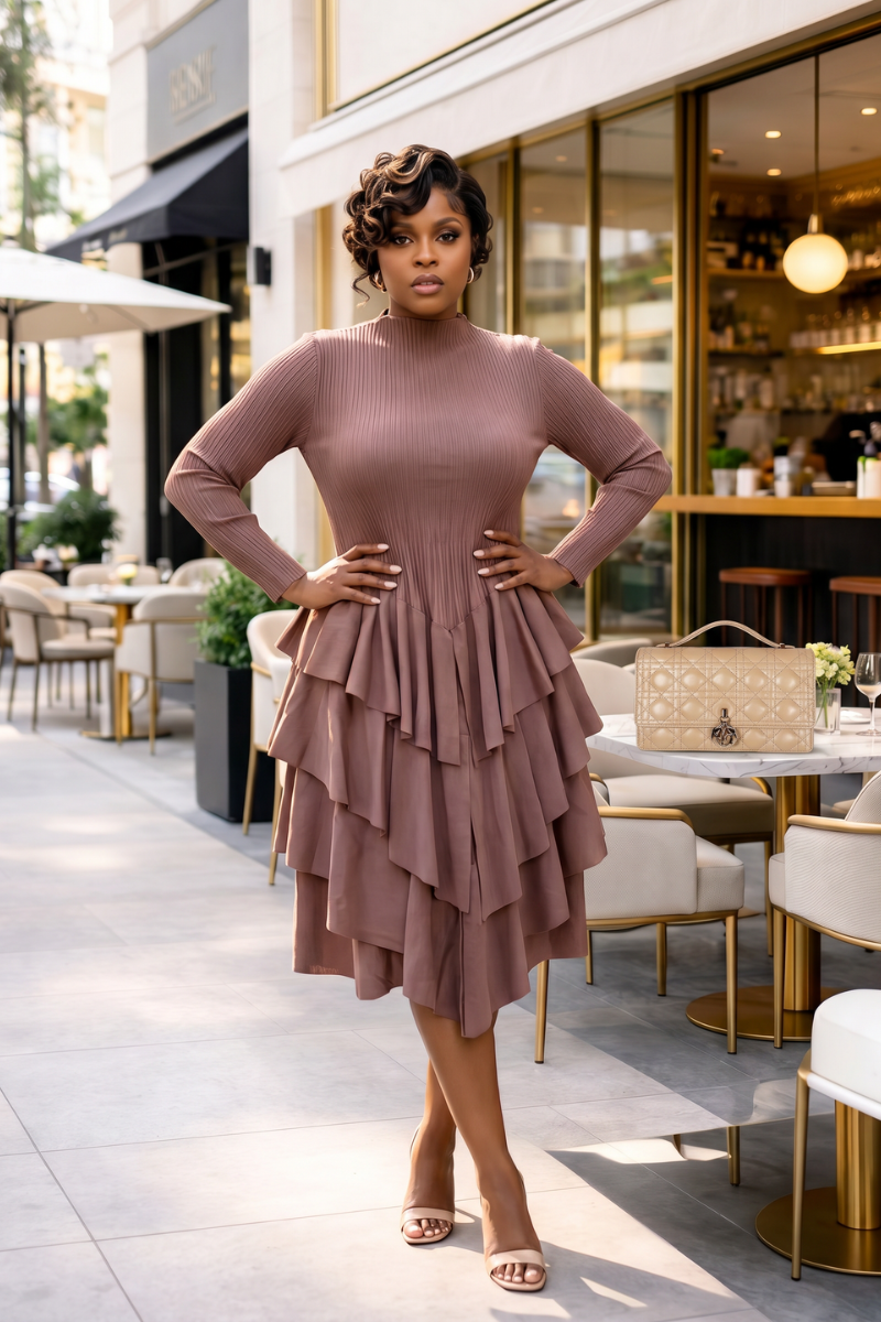 SOFT POWER TIERED MIDI DRESS
