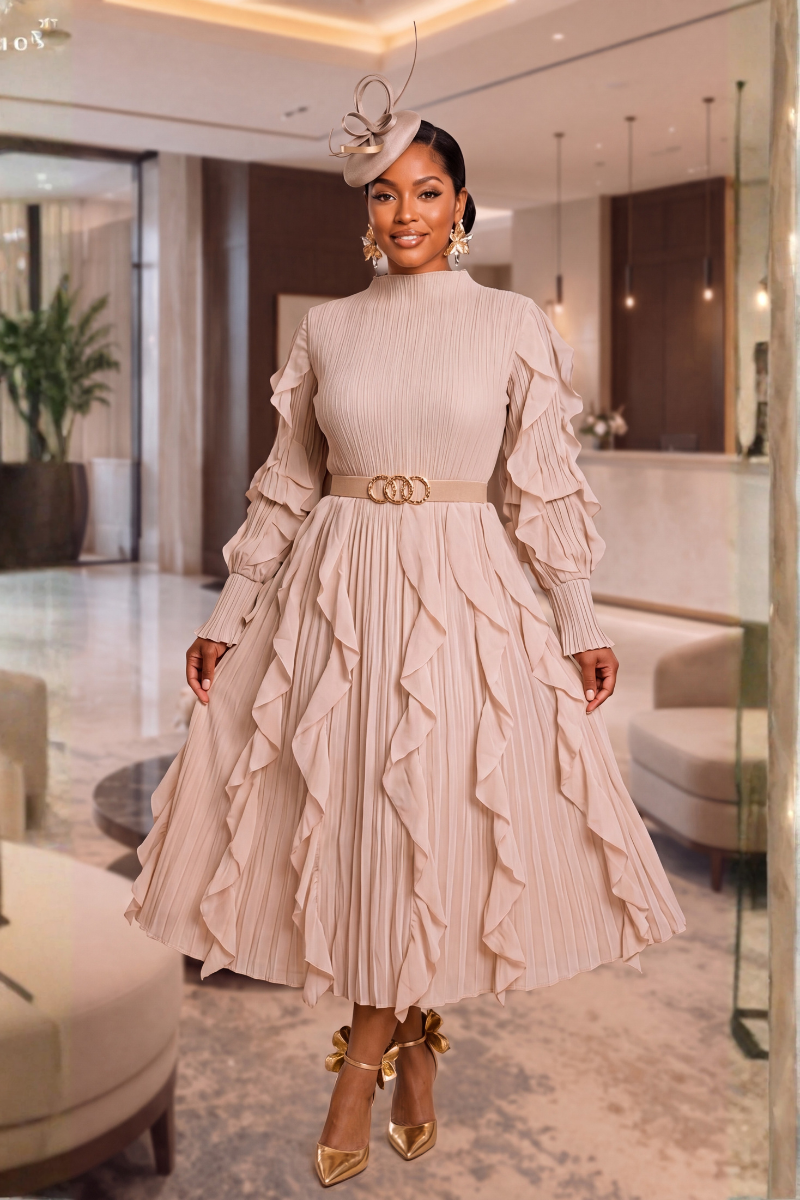 A RUFFLE MIDI DRESS/ BIEGE