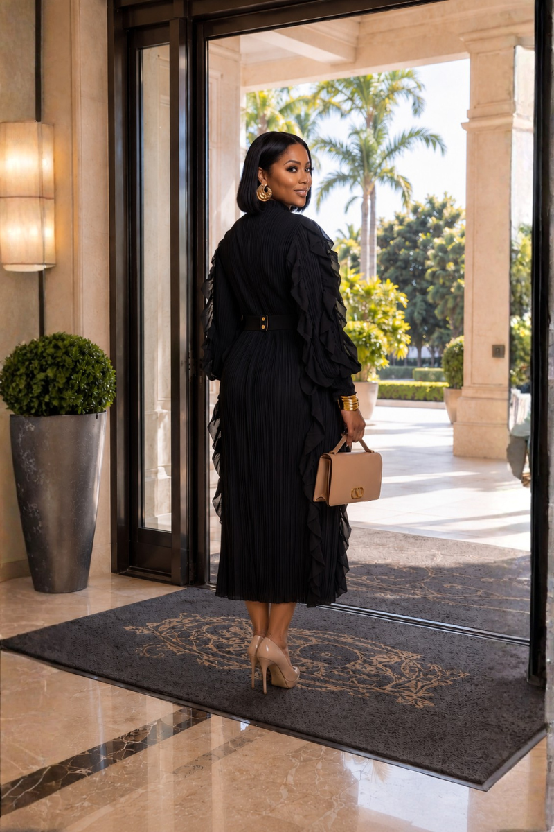 A RUFFLE MIDI DRESS/BLACK