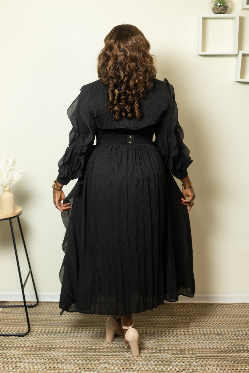 A RUFFLE MIDI DRESS/BLACK