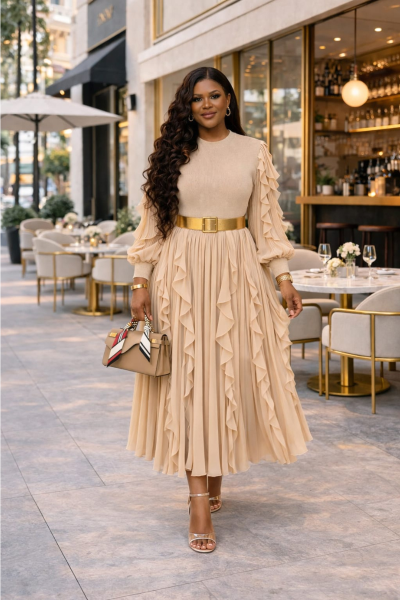A RUFFLE MIDI DRESS/ BIEGE
