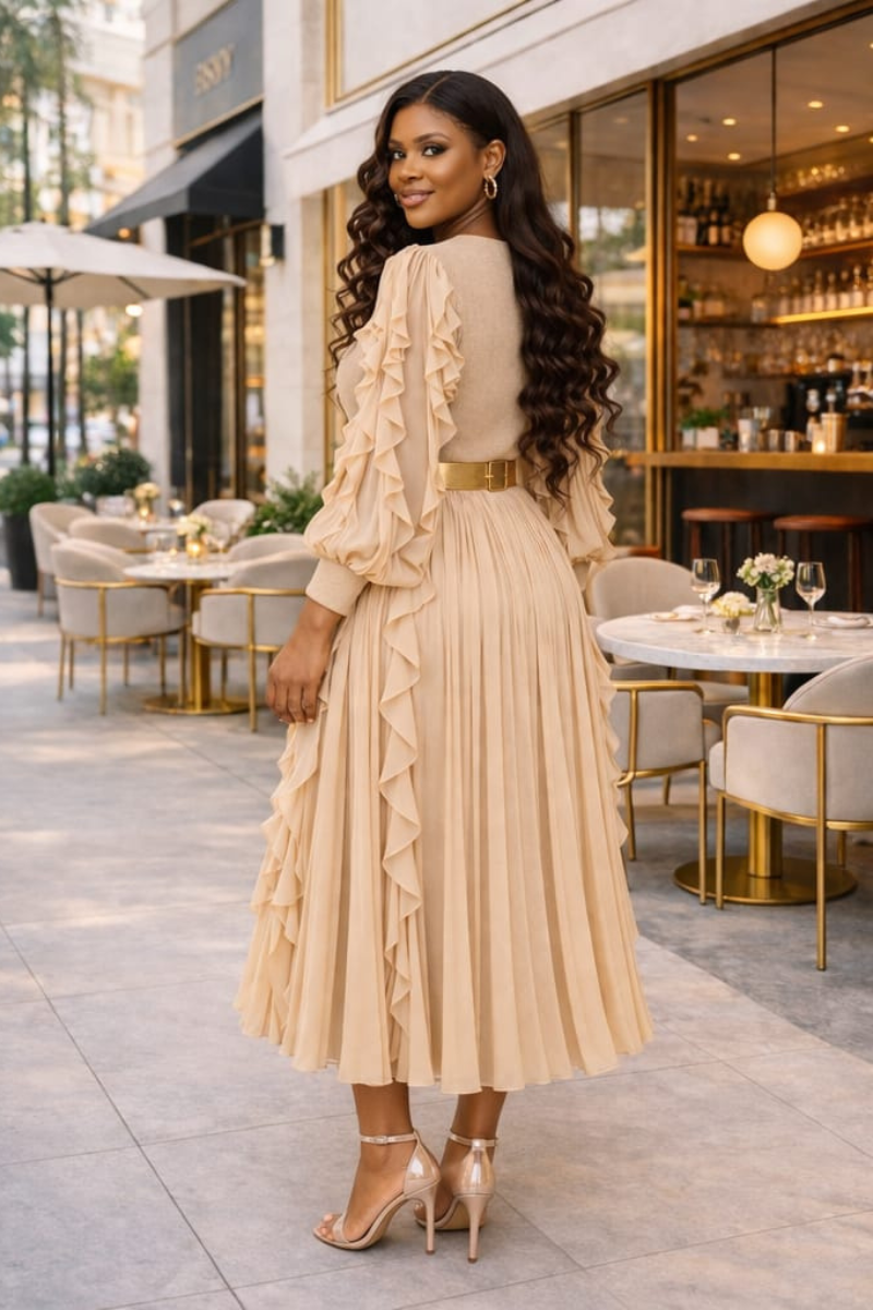 A RUFFLE MIDI DRESS/ BIEGE