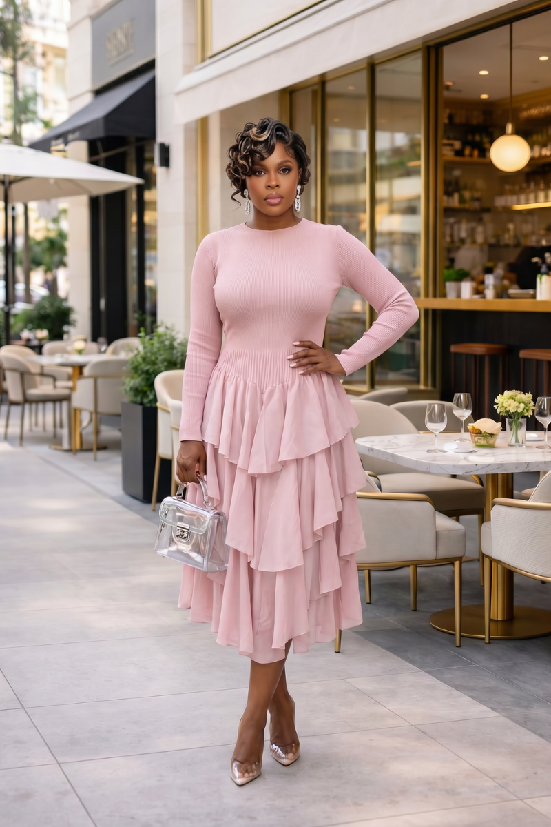 SOFT POWER TIERED MIDI DRESS