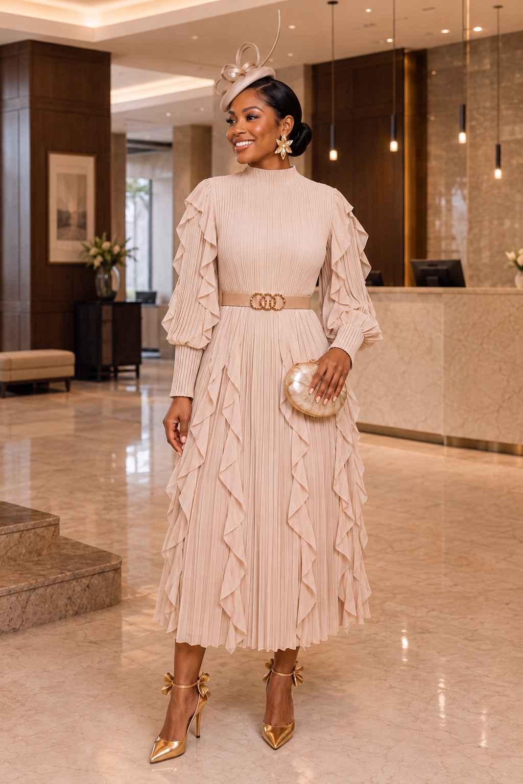 A RUFFLE MIDI DRESS/ BIEGE