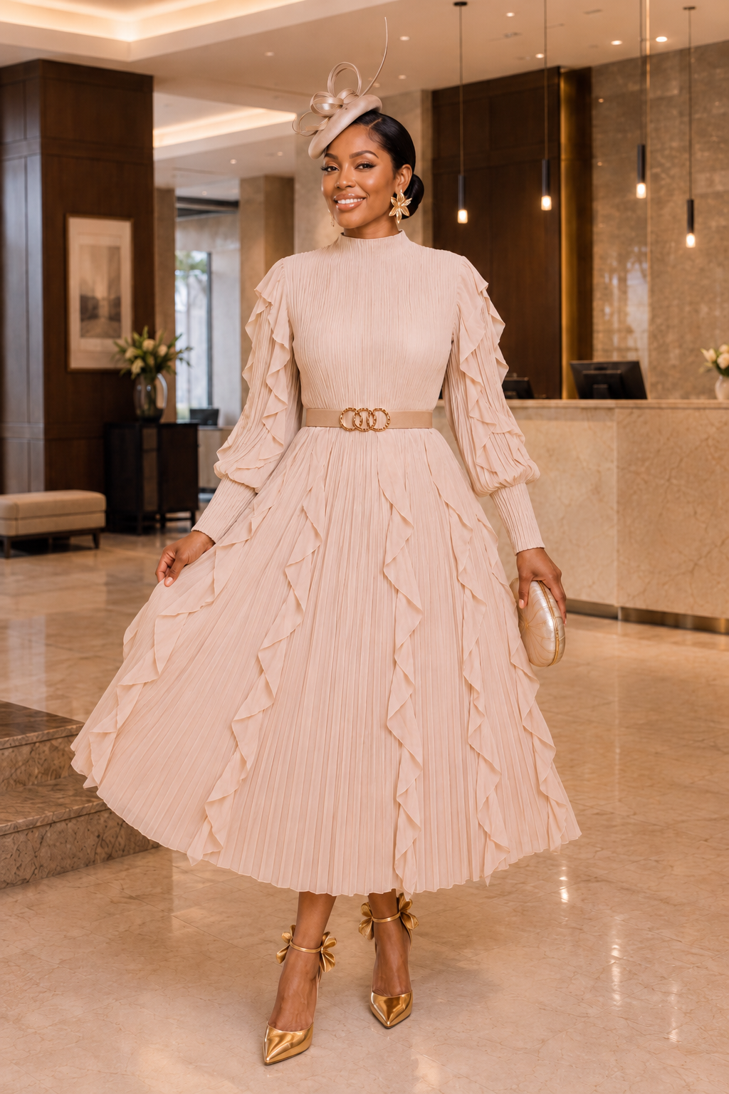 A RUFFLE MIDI DRESS/ BIEGE