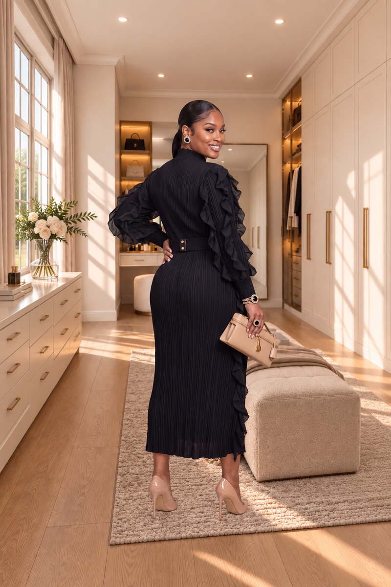 A RUFFLE MIDI DRESS/BLACK