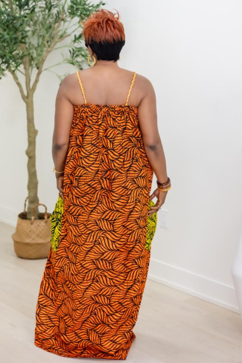 OMA AFRICAN PRINT MAXI DRESS/ ORANGE