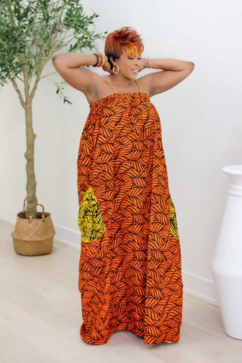 OMA AFRICAN PRINT MAXI DRESS/ ORANGE