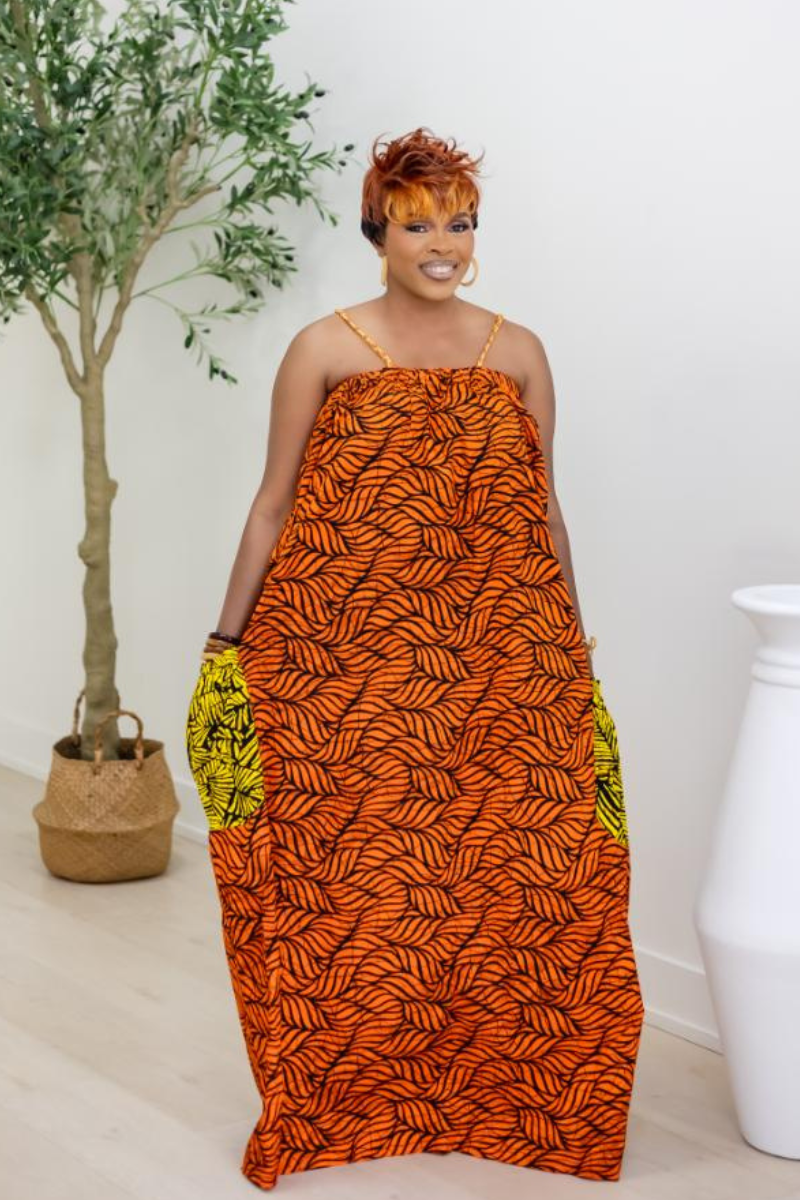 OMA AFRICAN PRINT MAXI DRESS/ ORANGE