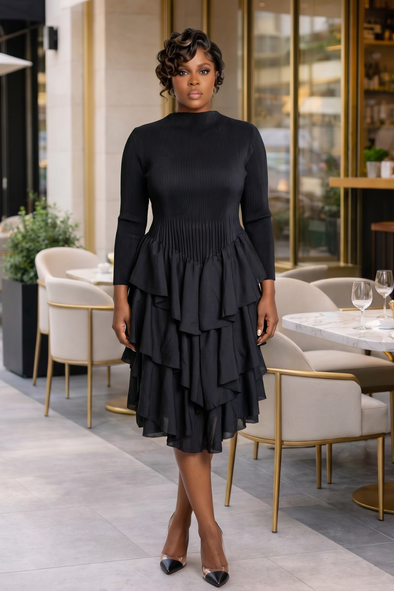 SOFT POWER TIERED MIDI DRESS