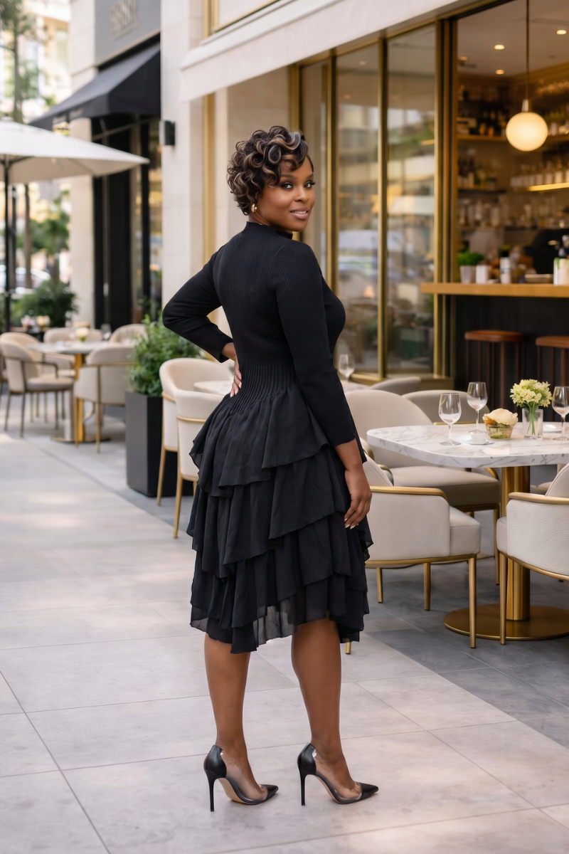 SOFT POWER TIERED MIDI DRESS