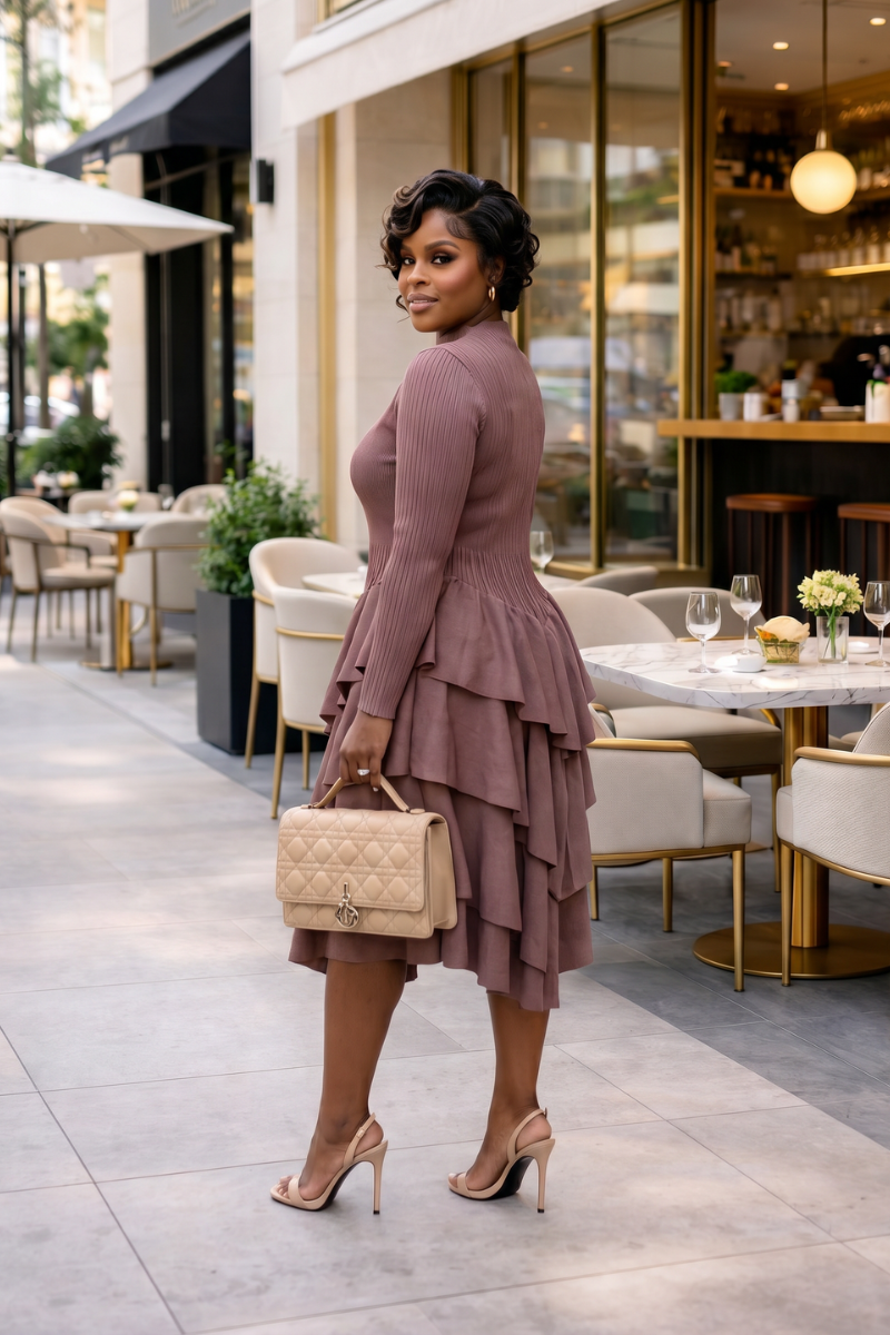 SOFT POWER TIERED MIDI DRESS