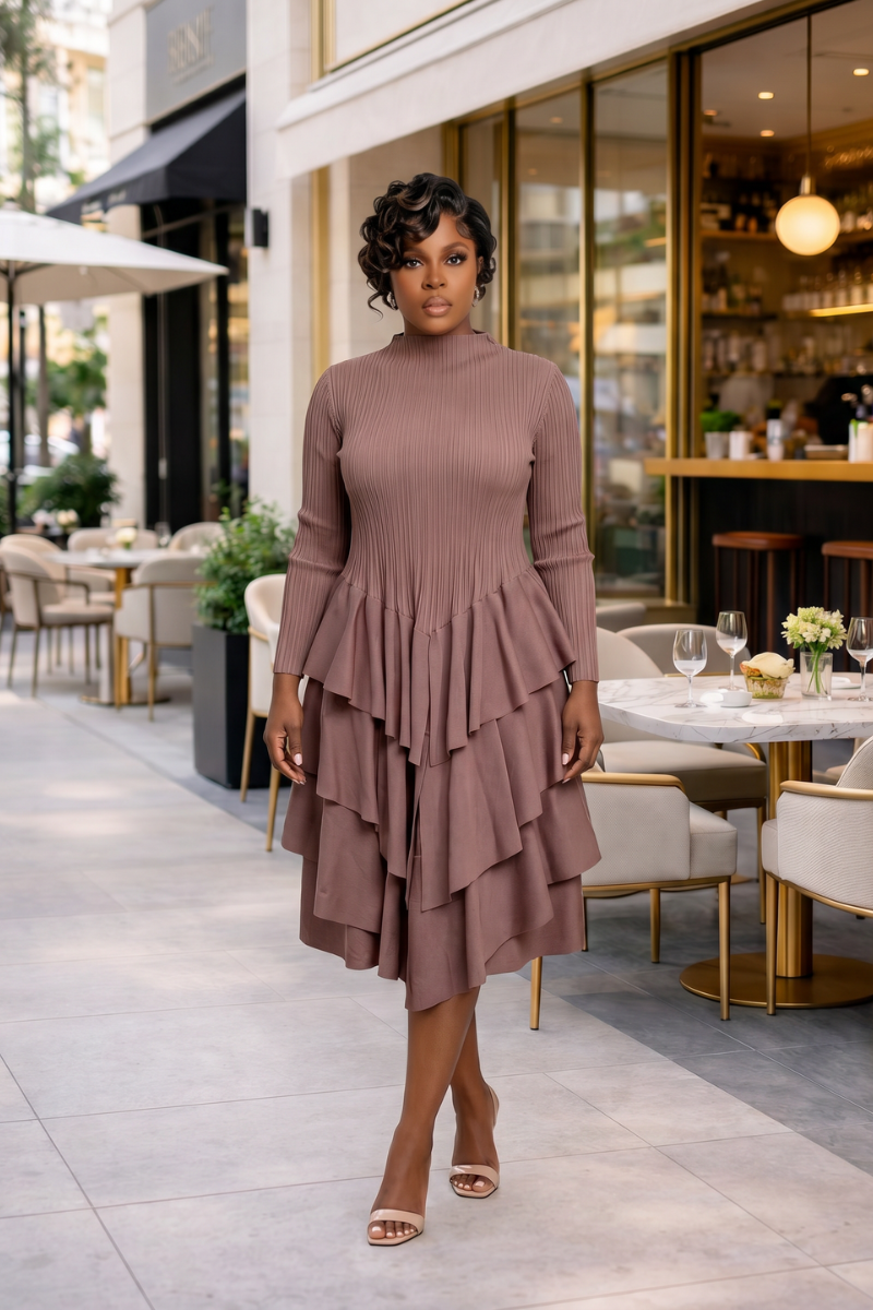 SOFT POWER TIERED MIDI DRESS