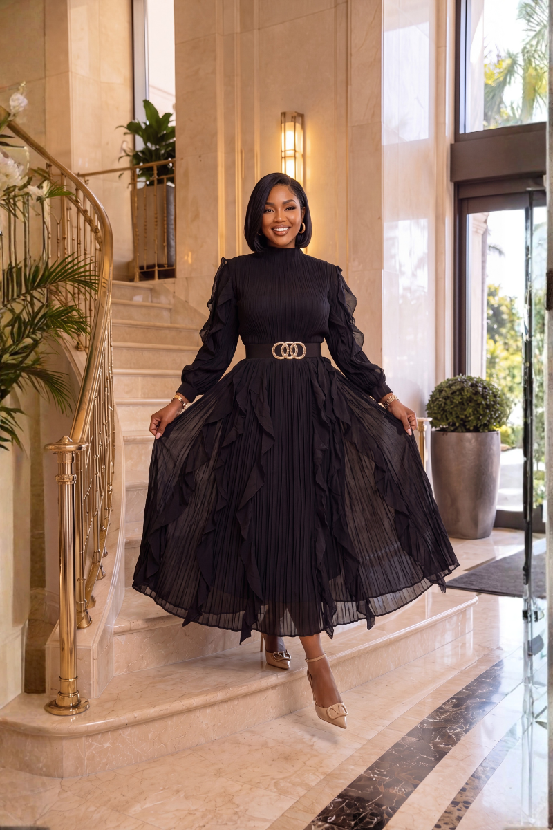 A RUFFLE MIDI DRESS/BLACK