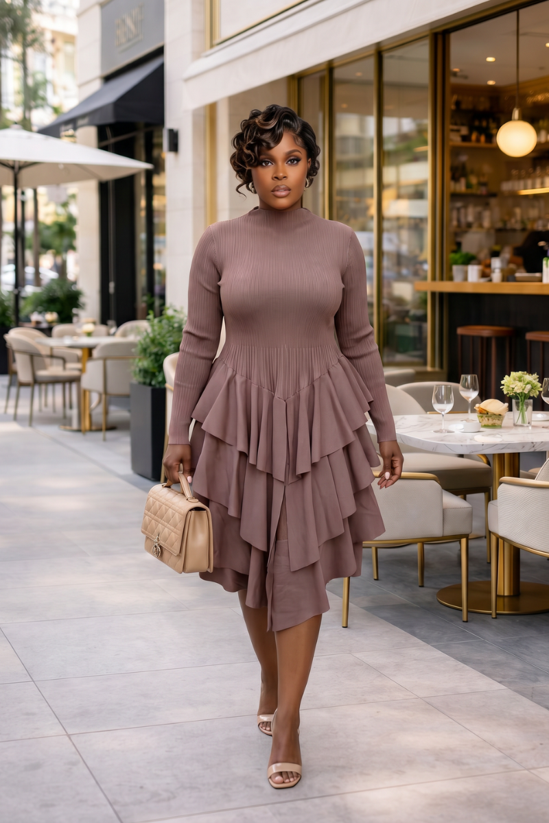 SOFT POWER TIERED MIDI DRESS