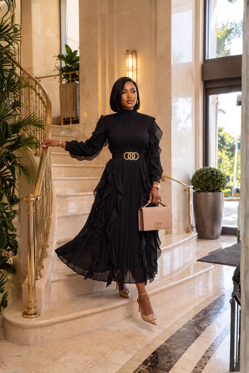 A RUFFLE MIDI DRESS/BLACK