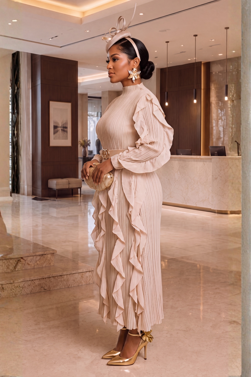 A RUFFLE MIDI DRESS/ BIEGE