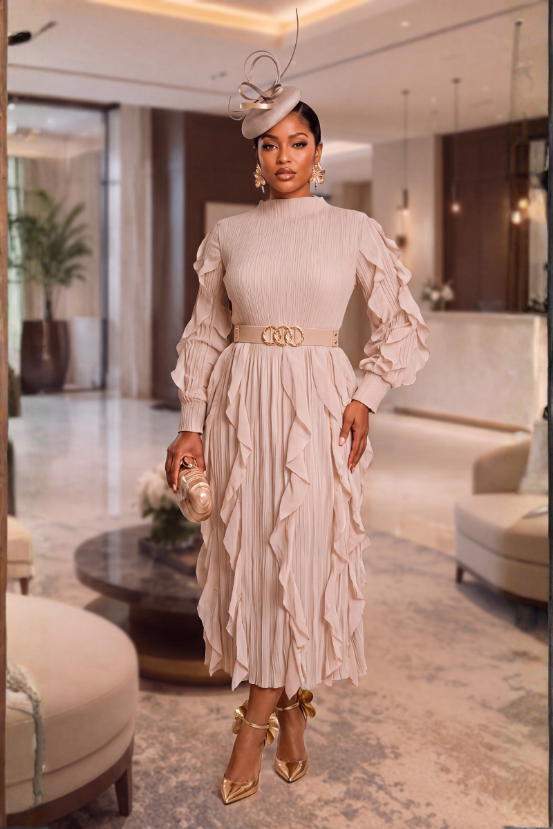 A RUFFLE MIDI DRESS/ BIEGE