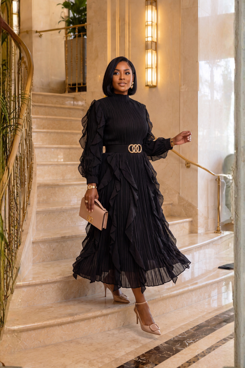 A RUFFLE MIDI DRESS/BLACK