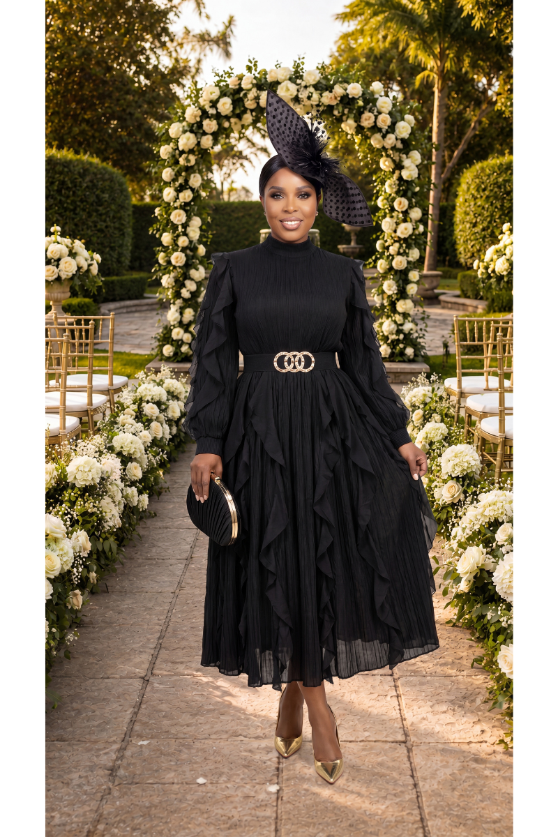 A RUFFLE MIDI DRESS/BLACK