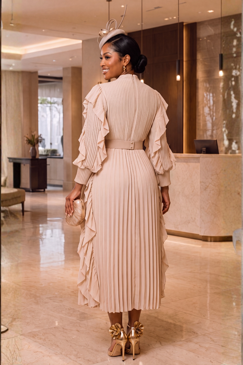 A RUFFLE MIDI DRESS/ BIEGE