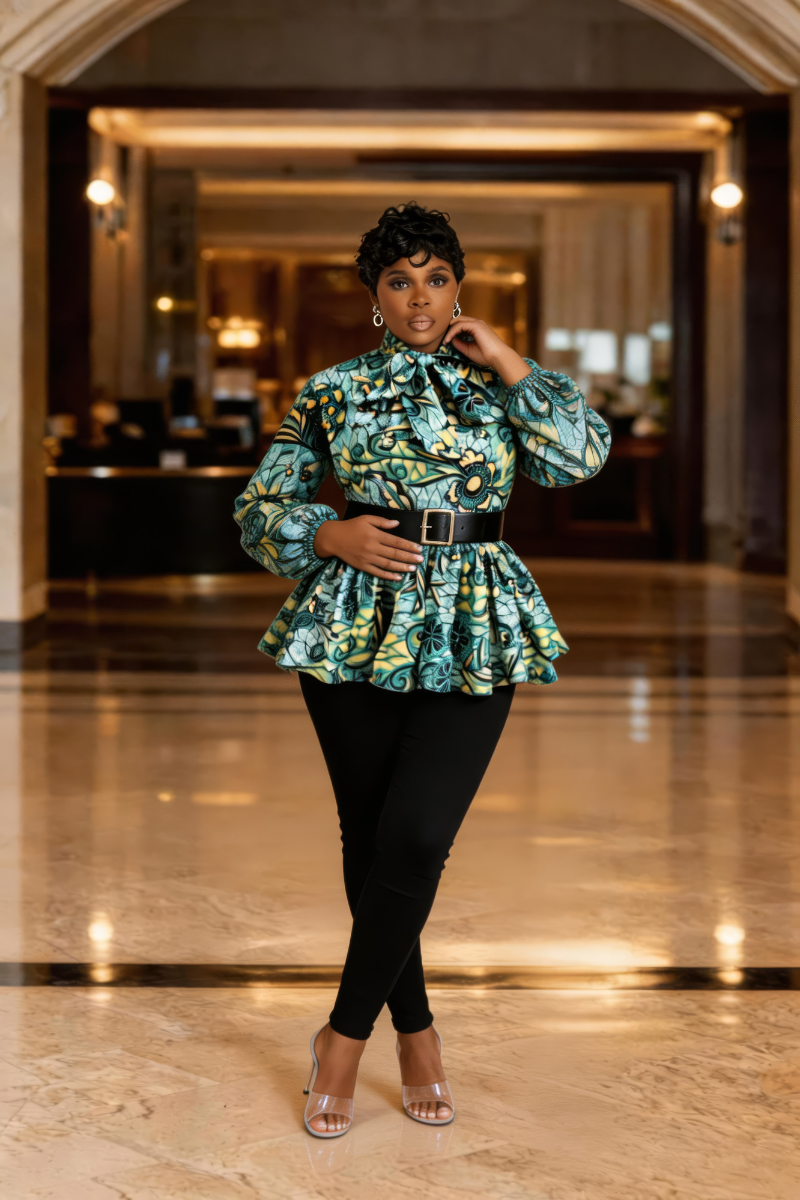 JOJO CHIC-TIE NECK PEPLUM BLOUSE