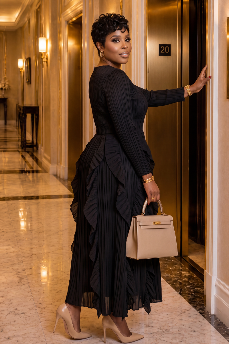 A RUFFLE MIDI DRESS/BLACK