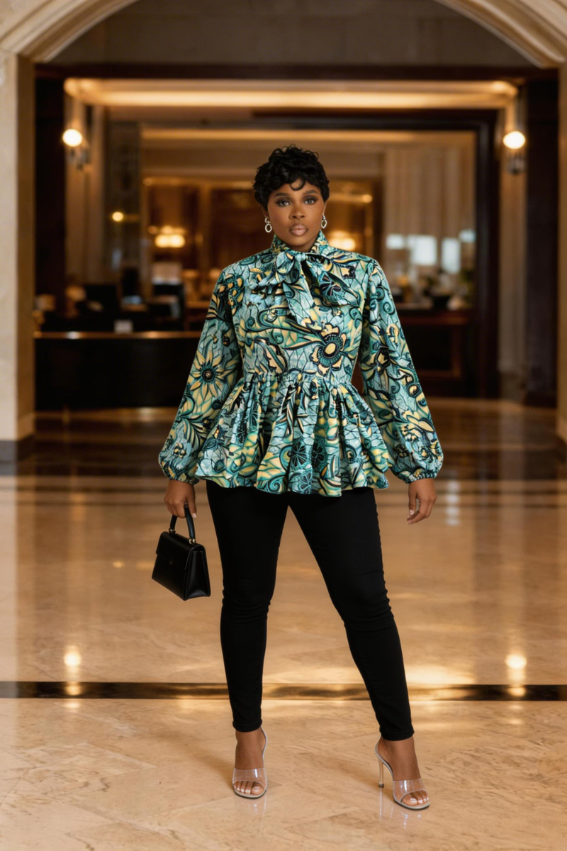 JOJO CHIC-TIE NECK PEPLUM BLOUSE