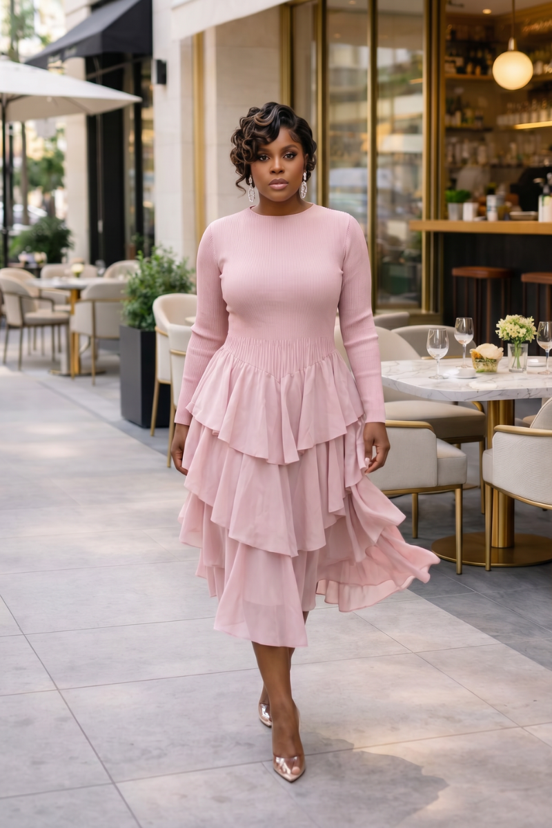 SOFT POWER TIERED MIDI DRESS