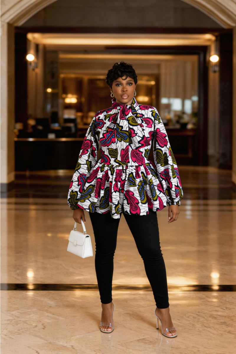 JOJO CHIC-TIE NECK PEPLUM BLOUSE