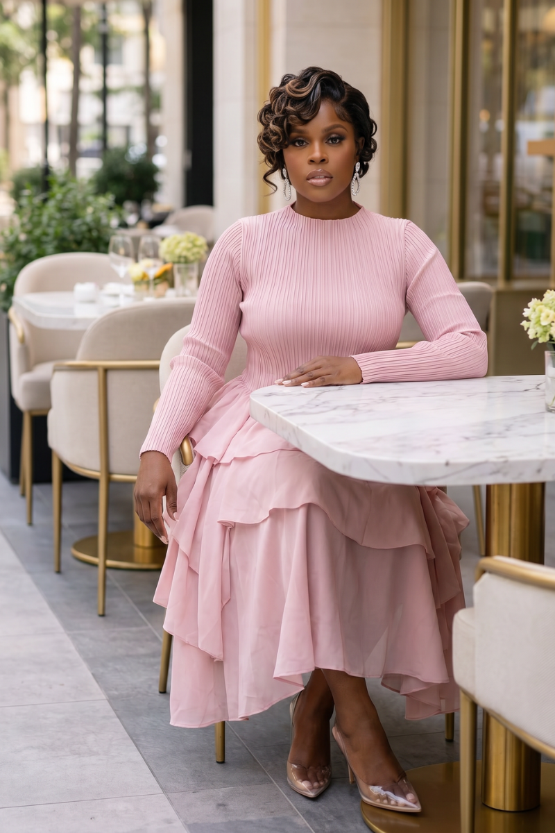 SOFT POWER TIERED MIDI DRESS