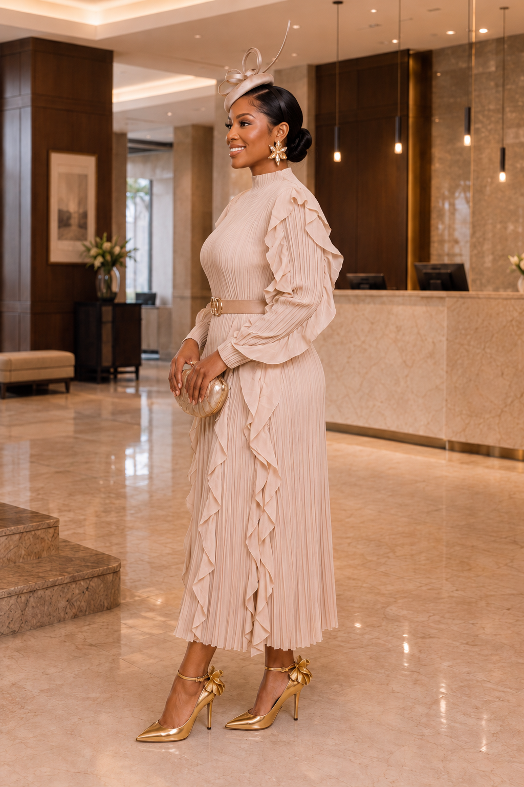 A RUFFLE MIDI DRESS/ BIEGE