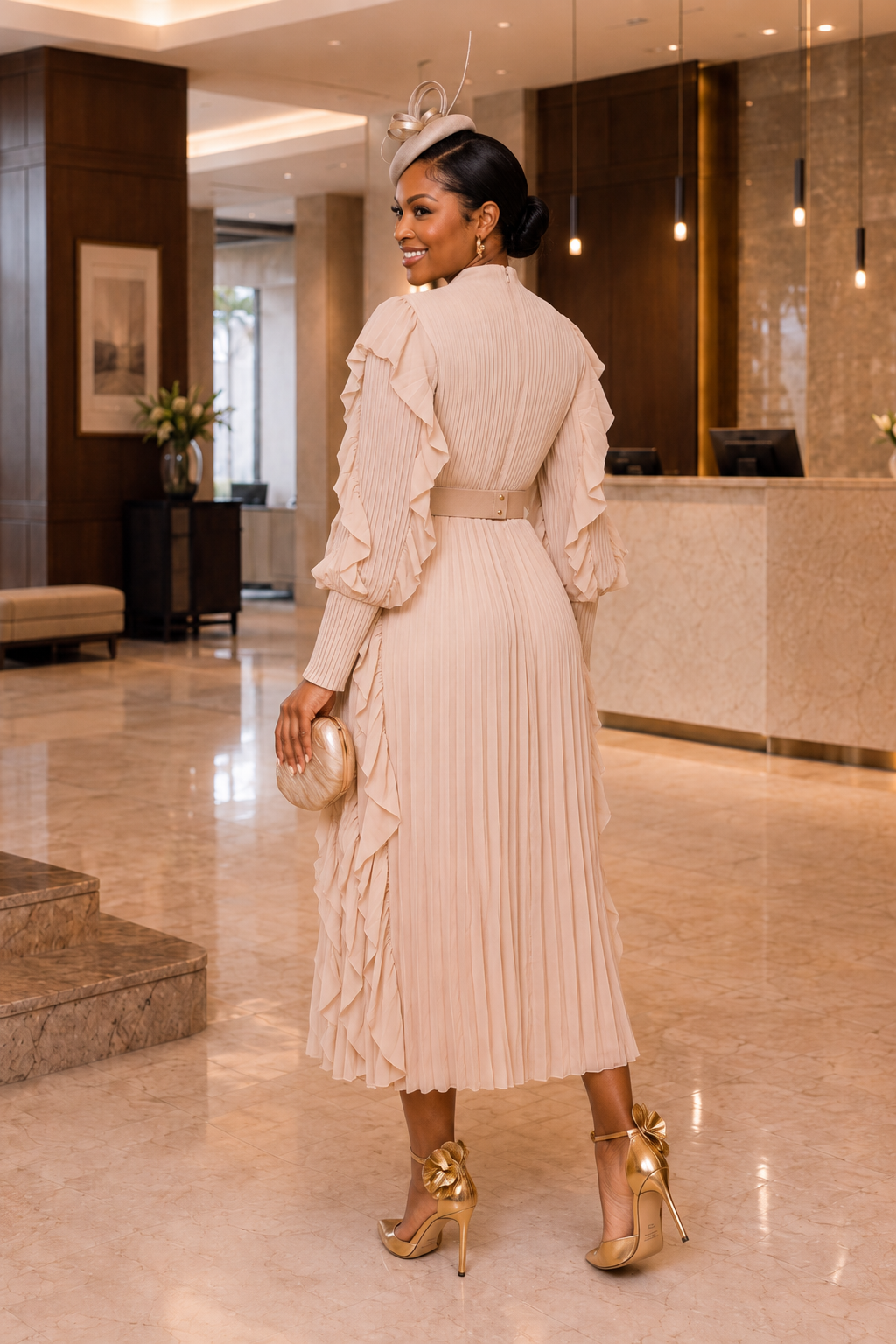 A RUFFLE MIDI DRESS/ BIEGE