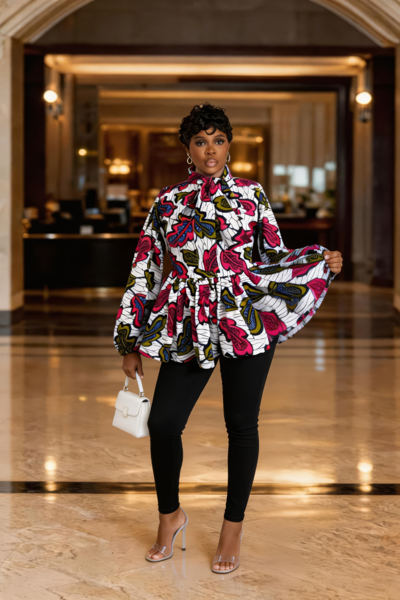 JOJO CHIC-TIE NECK PEPLUM BLOUSE