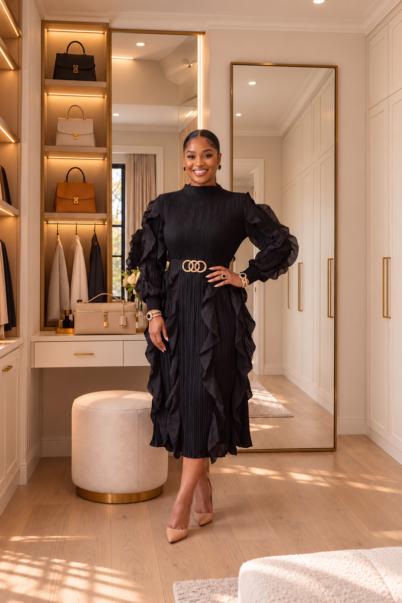 A RUFFLE MIDI DRESS/BLACK